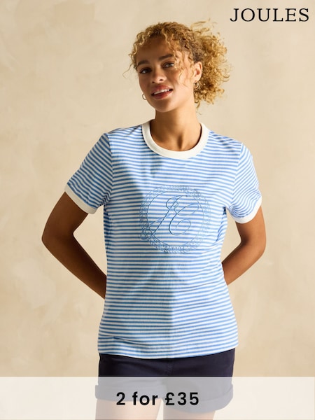 Joules Kitsford Blue & White Stripe Embroidered T-Shirt (B74980) | £24