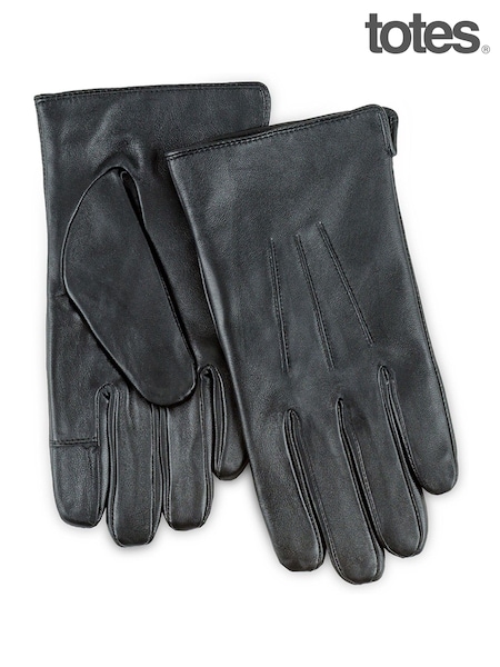 Totes Black Mens 3 Point Leather Water Repellent Smartouch Gloves (B74991) | £25