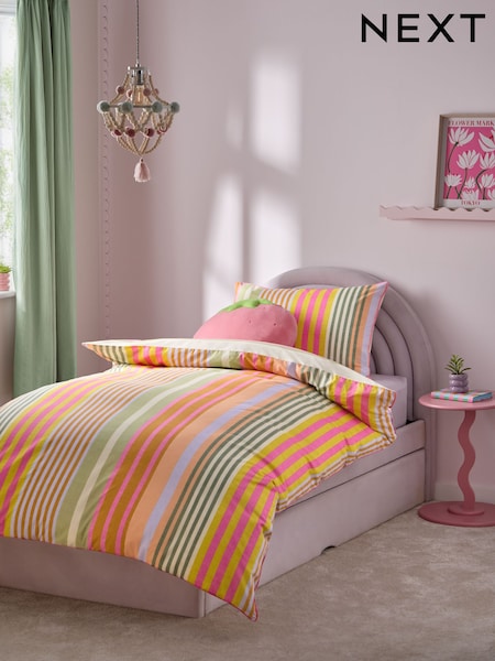 Pink Multi Stripe Printed Polycotton Duvet Cover and Pillowcase Bedding Set (B75023) | £20 - £28