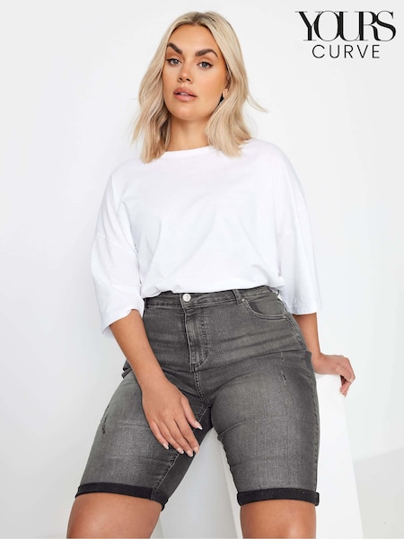 Yours Curve Grey Cat Scratch Denim Shorts (B75035) | £27