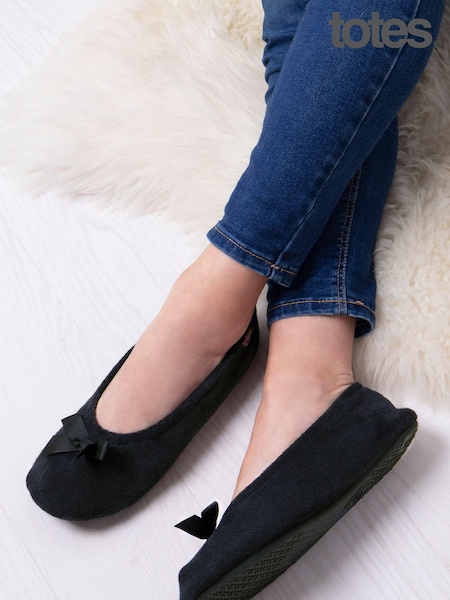 Totes Black Isotoner Terry Ballet Slippers With Bow (B75083) | £18