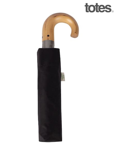 Totes Black ECO-BRELLA® Auto Open Wood Crook Handle Umbrella (B75200) | £20