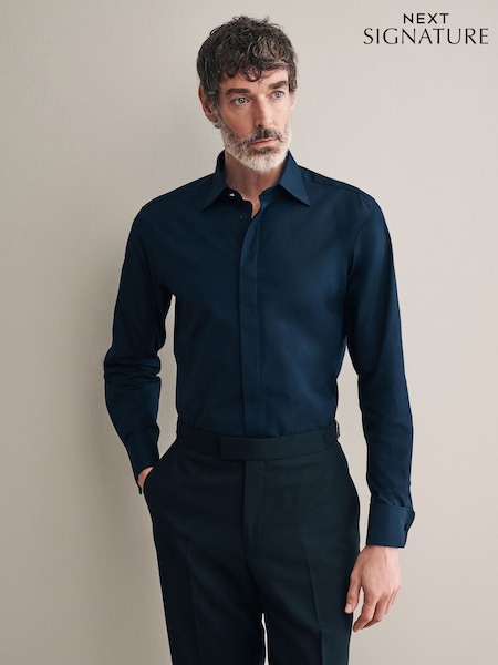 Navy Blue Occasion Signature Slim Double Cuff 100% Pima Cotton Dress Shirt With Cutaway Collar (B75261) | £58