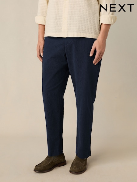 Navy Blue Regular Fit Smart Seersucker Trousers With Elasticated Waistband (B75314) | £36