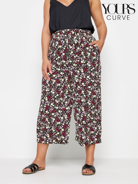Yours Curve Black Ditsy Floral Print Wide Leg Cropped Trousers (B75441) | £22