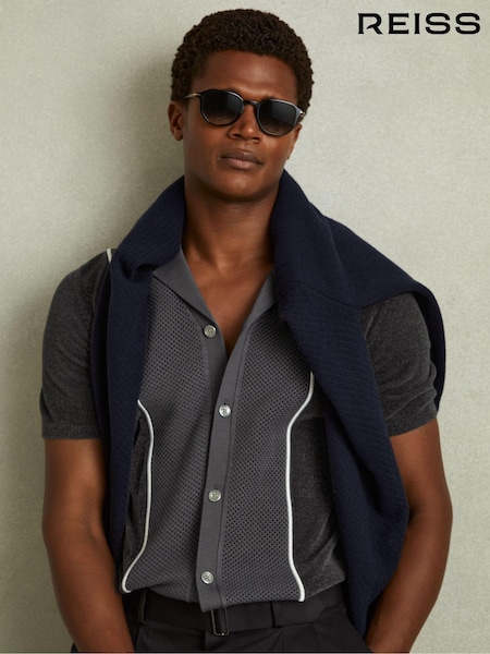 Reiss Steel Blue Meastro Hybrid Velour Cuban Collar Shirt (B75475) | £26