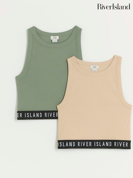 River Island Green Girls Waistband Rib 100% Cotton Tanks 2 Pack (B75766) | £14
