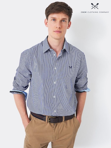 Crew Clothing Blue Classic Fit 100% Cotton Micro Gingham Shirt (B75771) | £57