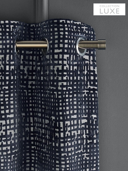 Navy Blue Collection Luxe Heavyweight Cut Velvet Abstract Eyelet Lined Curtains (B76063) | £200 - £400