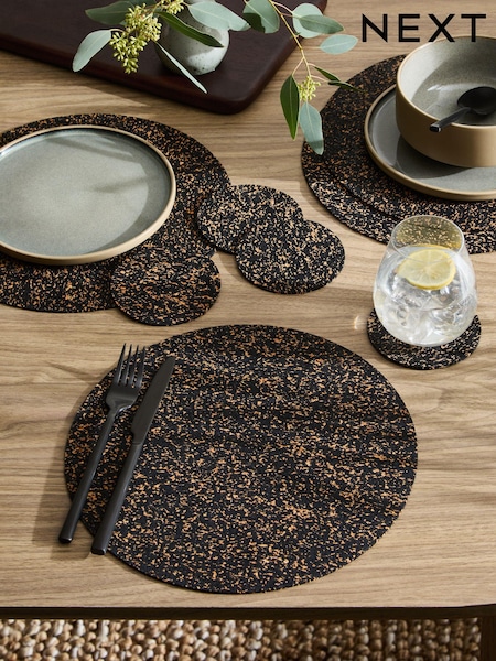 Set of 4 Natural/Black Cork Placemats and Coasters (B76624) | £18
