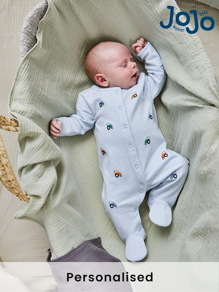 JoJo Maman Bébé Blue Tractor Baby Personalised Embroidered Cotton Sleepsuit (B77015) | £27