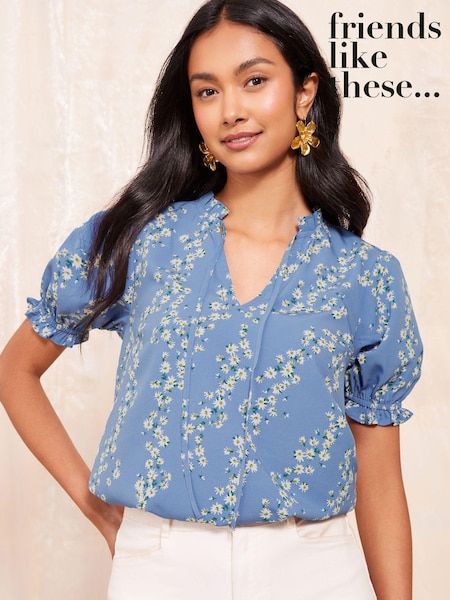Friends Like These Blue Floral Short Sleeve Woven Tie Neck Blouse (B77286) | £25