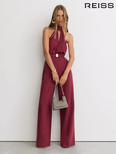 Red - Reiss Jodie Halterneck Belted Wide-leg Jumpsuit