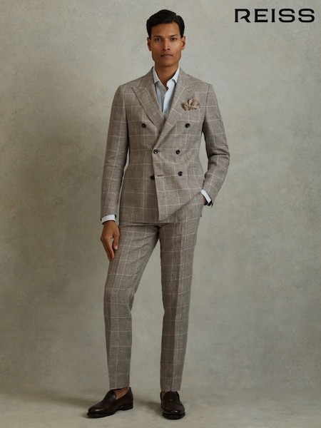 Reiss Light Taupe Burgess 100% Linen Side Adjuster Check Slim Fit Trousers (B78233) | £68