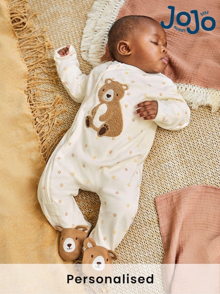 JoJo Maman Bébé Cream Bear Baby Personalised Appliqué Zip Cotton Sleepsuit (B78246) | £27
