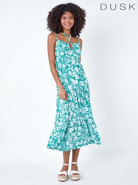 Dusk Blue Floral Strappy Cross Over Midi Dress (B78874) | £42