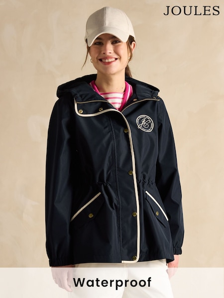 Joules Holt Navy Blue Waterproof Packable Raincoat with Hood (B78931) | £65