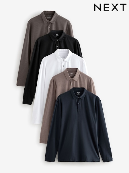 Black/White/Navy/Neutrals Long Sleeve Jersey Polo Shirts 5 Pack (B79756) | £68