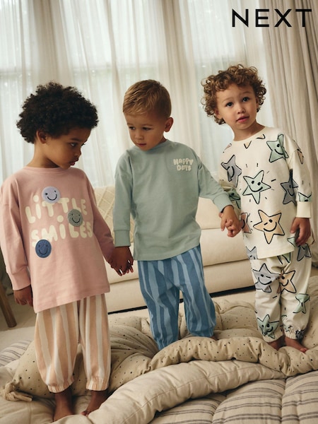 Sage Green/Peach Happy Days 3 Pack Oversized Pyjamas (9mths-10yrs) (B80599) | £26 - £32