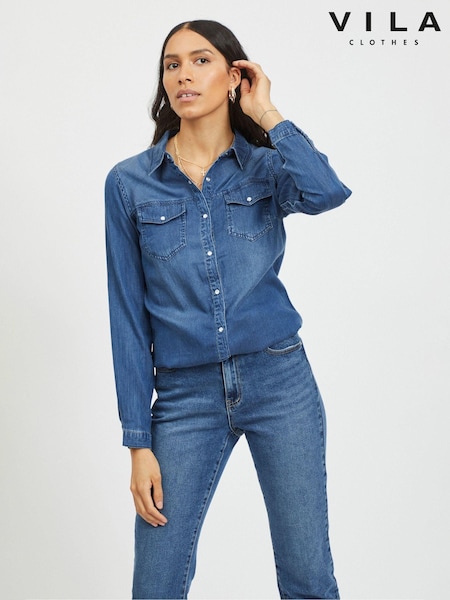 VILA Dark Blue Pocket Detail Lightweight Denim Shirt (B80730) | £40