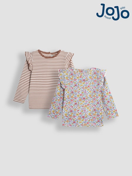JoJo Maman Bébé Mustard Yellow Floral and Stripe Frill Tops 2 Pack (B81058) | £22