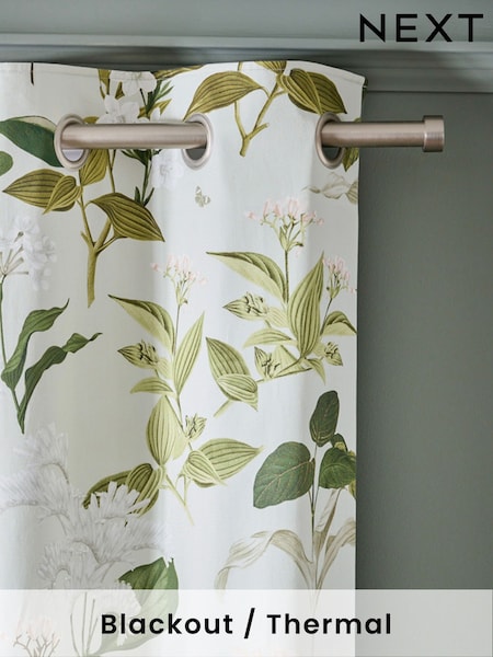 Sage Green Cotton Sateen Floral Print Blackout/Thermal 100% Cotton Eyelet Curtains (B81983) | £50 - £115