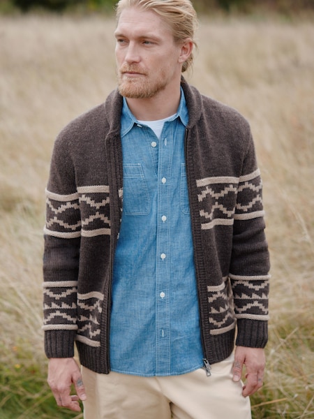 Brown/Neutral Regular Fit Pattern Shawl Zip Through Jumper with Wool (B82065) | £21