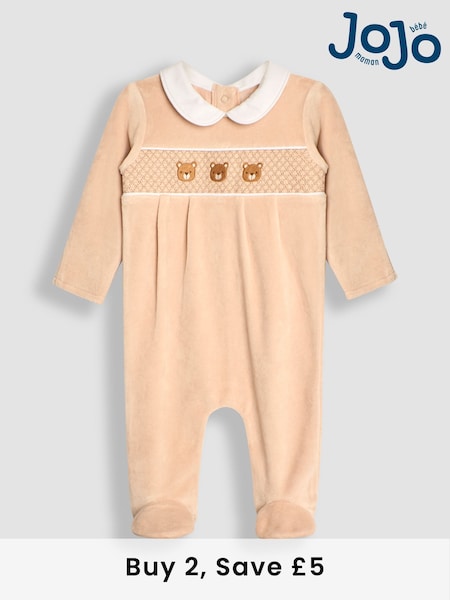 JoJo Maman Bébé Grey Bear Smocked Velour All-In-One (B82341) | £23