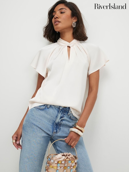 Cream - River Island Satin Angel Sleeve Twist Front Top