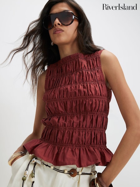 Burgundy Red - River Island Sleeveless Shirred Tank Top