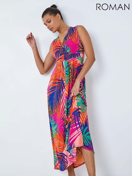 Roman Pink Tropical Gathered Stretch Maxi Dress (B84128) | £45