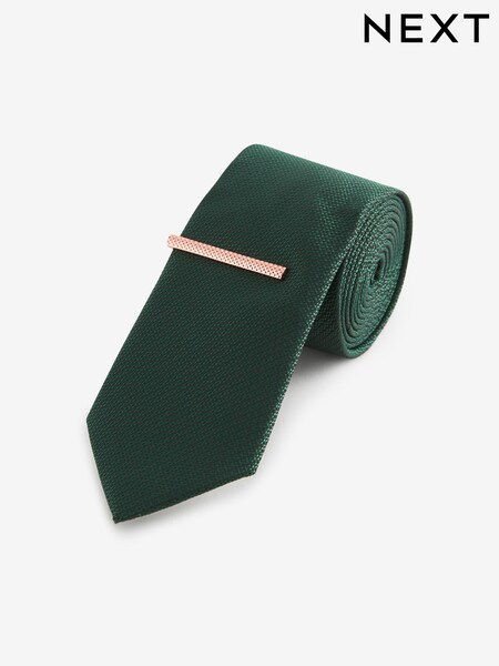 Dark Green Slim Textured Tie And Clip Set (B84156) | £14