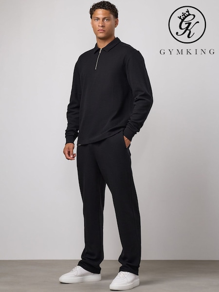 Black - Regular Gym King Signature Waffle Long Sleeve Polo Shirt