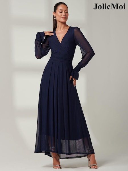 Jolie Moi Navy Blue Greta Long Sleeve Mesh Maxi Dress (B84488) | £89