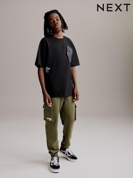 Black/Khaki Green Utility 100% Cotton Short Sleeve T-Shirt and Joggers Set (3-16yrs) (B84555) | £22 - £30