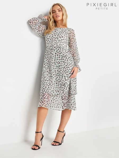 PixieGirl Petite Cream Ivory White Leopard Print Midi Dress (B84900) | £39