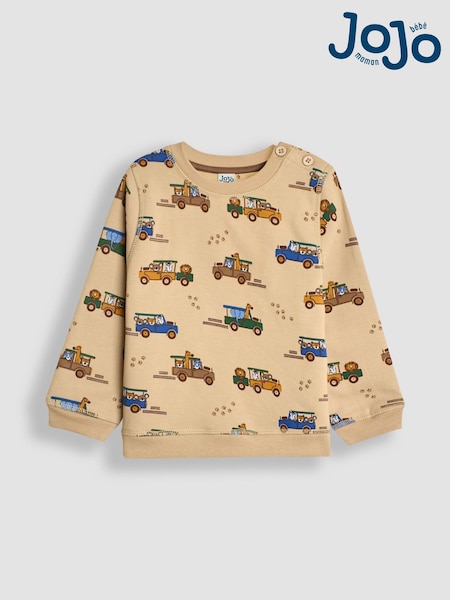 JoJo Maman Bébé Brown Safari Jeep Construction Vehicle Print Sweatshirt (B85392) | £14