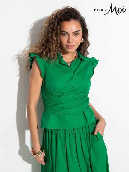 Pour Moi Green Shae 100% Cotton Poplin Twist Tie Frill Sleeve Shirt (B85641) | £39