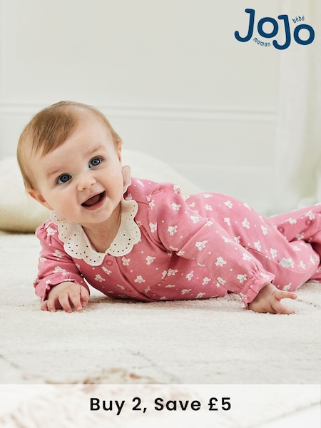 JoJo Maman Bébé Rose Pink Pretty Printed Collar Sleepsuit (B85662) | £21