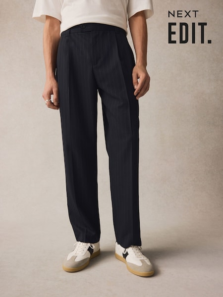 Navy Blue EDIT Wide Pinstripe Smart Trousers (B85930) | £36