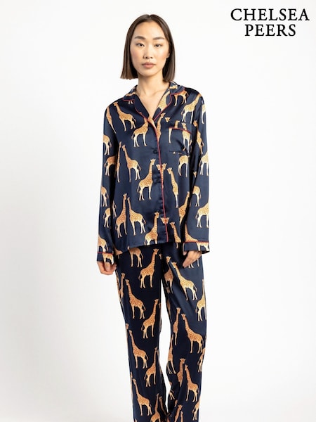 Chelsea Peers Blue Satin Button Up Long Pyjamas Set (B86373) | £50