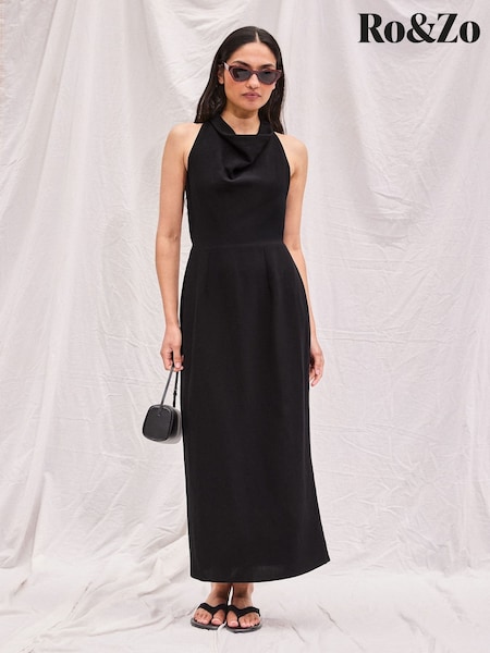 Black - Ro&zo Cowl Neck Midi Dress With Linen