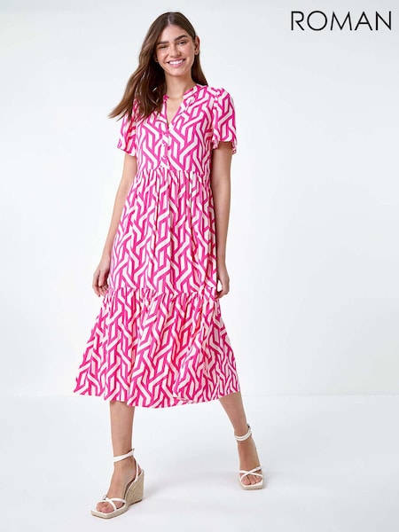 Roman Pink Geometric Print Tiered Midi Dress (B86717) | £42