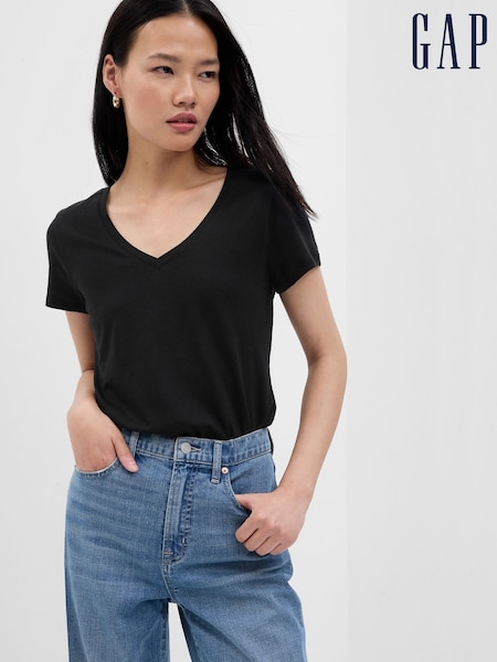Gap Black V-Neck Favourite Cotton-Modal Short Sleeve T-Shirt (B86916) | £12