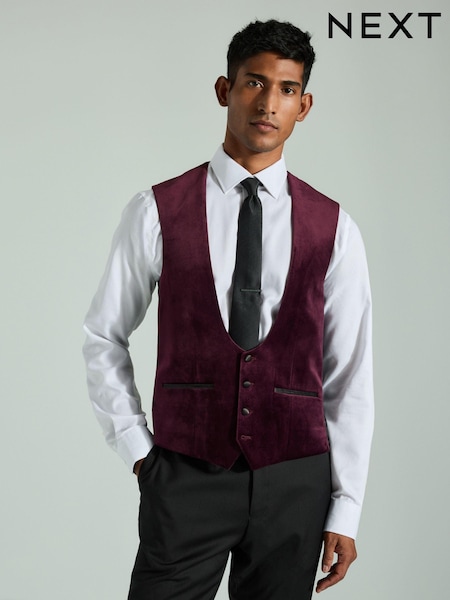 Burgundy Red Velvet Patterned Waistcoat (B87092) | £40