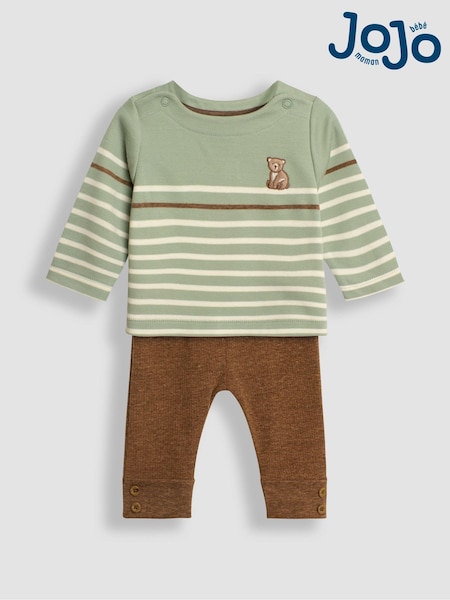 JoJo Maman Bébé Green Bear Embroidered Breton Top And Rib Leggings Set (B87555) | £27