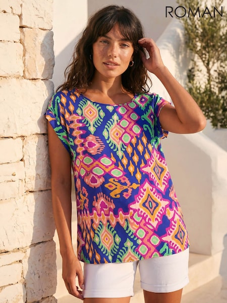 Blue - Roman Aztec Print Short Sleeve Top