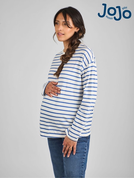 JoJo Maman Bébé Blue & Cream Stripe Long Sleeve Boyfriend Maternity T-Shirt (B87742) | £19.50