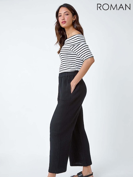 Roman Black Textured Culotte 100% Cotton Trousers (B88263) | £32