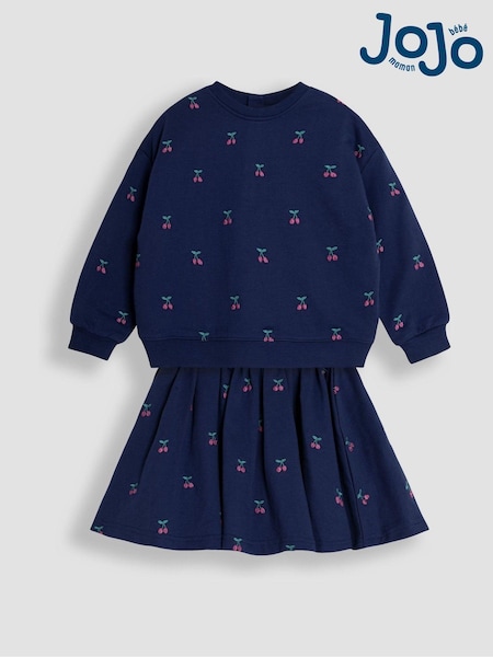 JoJo Maman Bébé Navy Cherry Embroidered Sweatshirt And Skirt Set 2 Pack (B88364) | £30